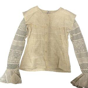 Cream Lace Button Front Blouse Women’s Ruffle Sleeve Top